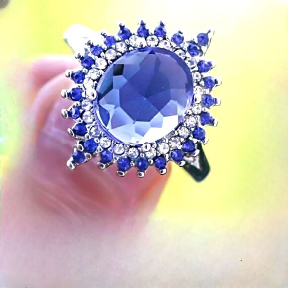 Oval Cut Blue Sapphire & White Baguette Cocktail Diamond Ring on 925  Silver - Picture 1 of 3